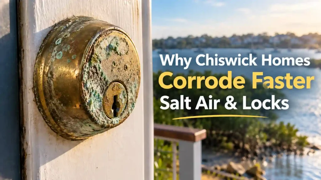 Corroded brass lock on a Chiswick waterfront home affected by salt air